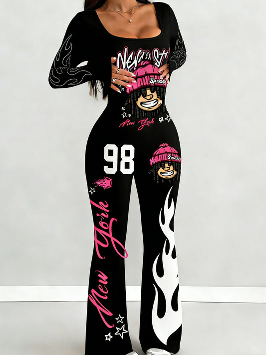 Women'S Jumpsuit | Sexy Hot Outfit, Loose U-Neck Cut, Slim Fit, Black Base Cartoon Print, Long Sleeve Design, Flared Leg Style, Suitable for Outdoor, Versatile Use, Fits Multiple Occasions, Elastic Fabric