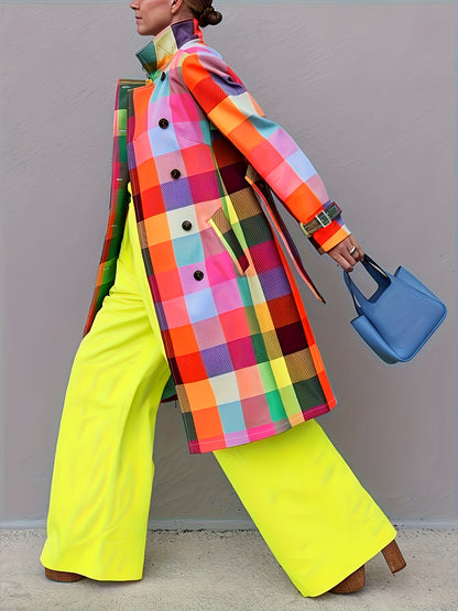 Colorful Plaid Print - Directional Durable Construction - Women's Raincoat with Belt - Elegant Long-Sleeved Jacket with Front Ties - Machine Washable Polyester - Bright Plaid Design - Perfect for Casual Fashionable Outfits