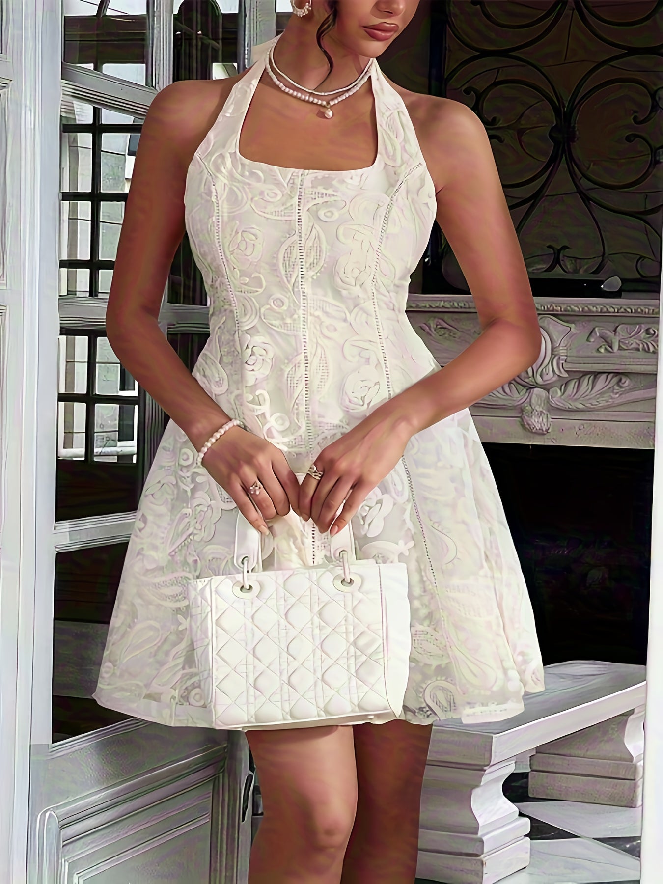 Y2 Model Retro Elegance Lace Embroidery Halter Dress