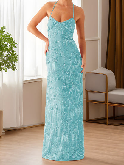 Women'S Elegant Turquoise Sequin & Floral Lace-like Sleeveless Maxi Dress - V-Neck Spaghetti Strap Summer Evening Party Dress, Lightweight Breathable Formal & Semi-Formal Outfit for Beach Events, Prom, Galas - Casual to Forma
