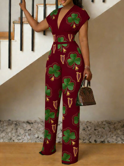 St. Patrick's Day Printed Women's Elegant Jumpsuit, Plant Leaf Pattern V-neck Jumpsuit, Women's Gift, Summer Casual Wear, Fashionable Outdoor S Women's Short Sleeved Jumpsuit, Gradient Slim Fit Jumpsuit, Machine Washable, Sof
