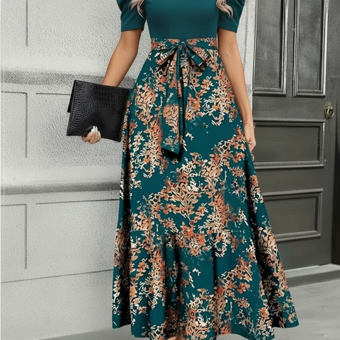 Women'S Floral Cinched-Waist Casual Long Dress, Suitable for Light Business Gatherings | Weekend Afternoon Tea And Similar Occasions, Elegant And Refined.