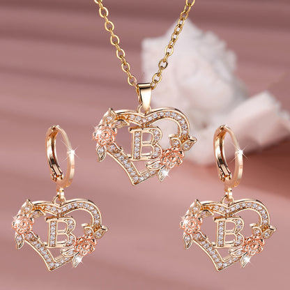 3pcs Women's Initial Jewelry Set - Heart-Shaped Interlocking Link Necklace & Earrings with 26-Letter Monogram, Elegant Golden-Tone -Accented Letters, Dainty Everyday Gift for Mother's Day, Graduation, Birthdays (Pink & Clear