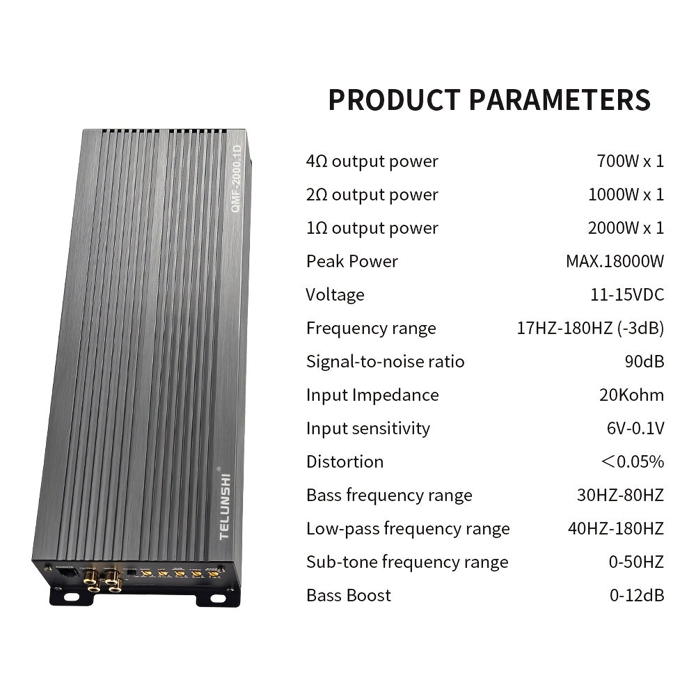 Bemines 2000.1 - High Power Car Amplifier - RMS 2000W Class D - Single-Channel Compact Audio Amp with HIFI Sound, Full Aluminum Alloy Chassis & Heat Sink Cooling - Suitable for Car Audio Upgrade