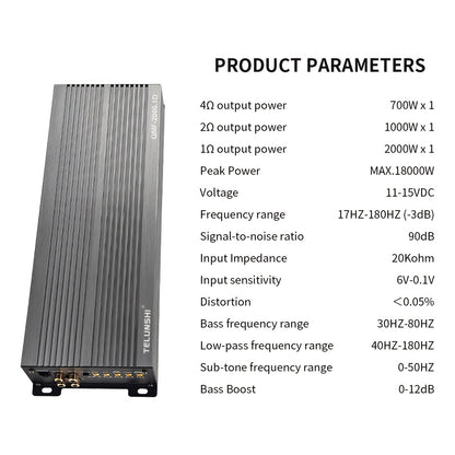 Bemines 2000.1 - High Power Car Amplifier - RMS 2000W Class D - Single-Channel Compact Audio Amp with HIFI Sound, Full Aluminum Alloy Chassis & Heat Sink Cooling - Suitable for Car Audio Upgrade