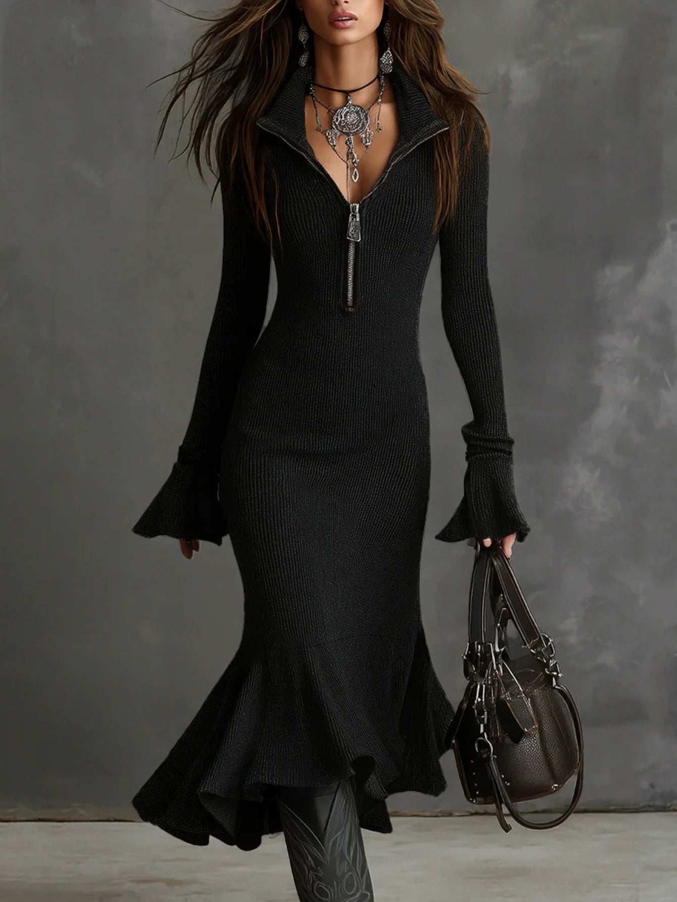 Plus Size - HERTALK2025 Autumn Fashion And Elegant Style Zipper Lapel Flared Sleeve Fishtail Dress