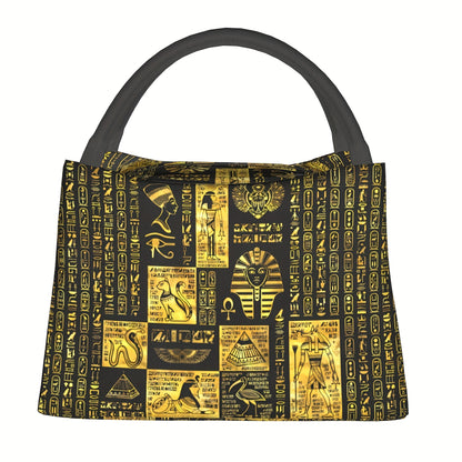 1pc Egyptian-Themed Insulated Lunch Bag – Portable & Reusable Cooler Tote with Hieroglyphic Patterns, Black Handles, Perfect for Home, Office, Outdoor Use, and Gifts for Friends, Teens, and Family, Lunch Bag Insulated