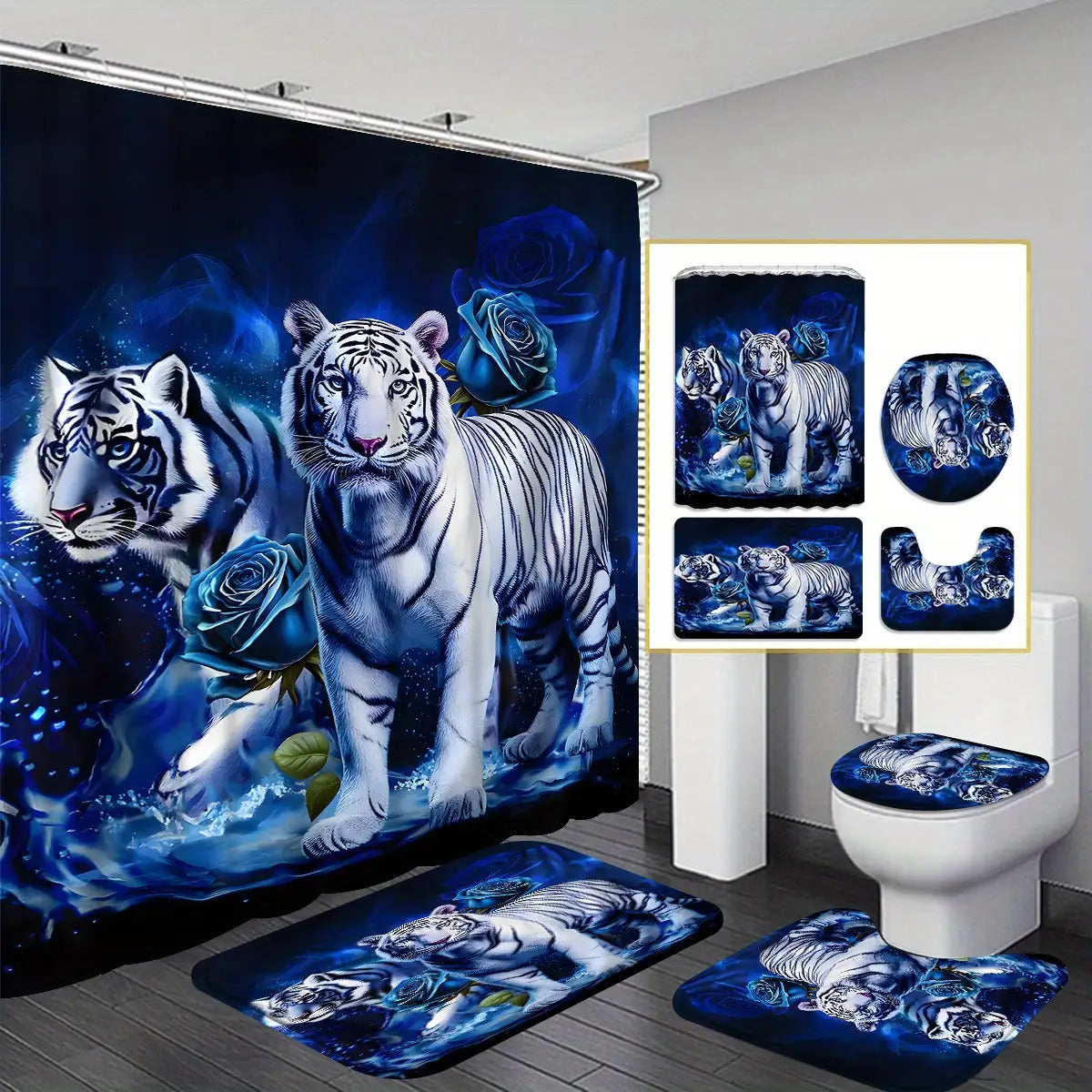 4pcs White Tiger & Blue Rose Bathroom Set - Wet/Dry Shower Curtain System with Non-Slip Mats, Toilet Lid Cover & U-Shaped Mat, 12 Hooks - Luxury Animal Print Bath Decor (Machine Washable, All-Season Use)