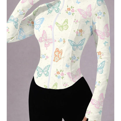 Women'S Yoga Jacket For Spring, Autumn, And Winter | Fashionable, Easy, Body-Hugging Fitness Top Suitable For Pilates, Outdoor Running, And Cycling | Quick-Drying, Breathable, Stretchy, Button- Shirt With All Over Print
