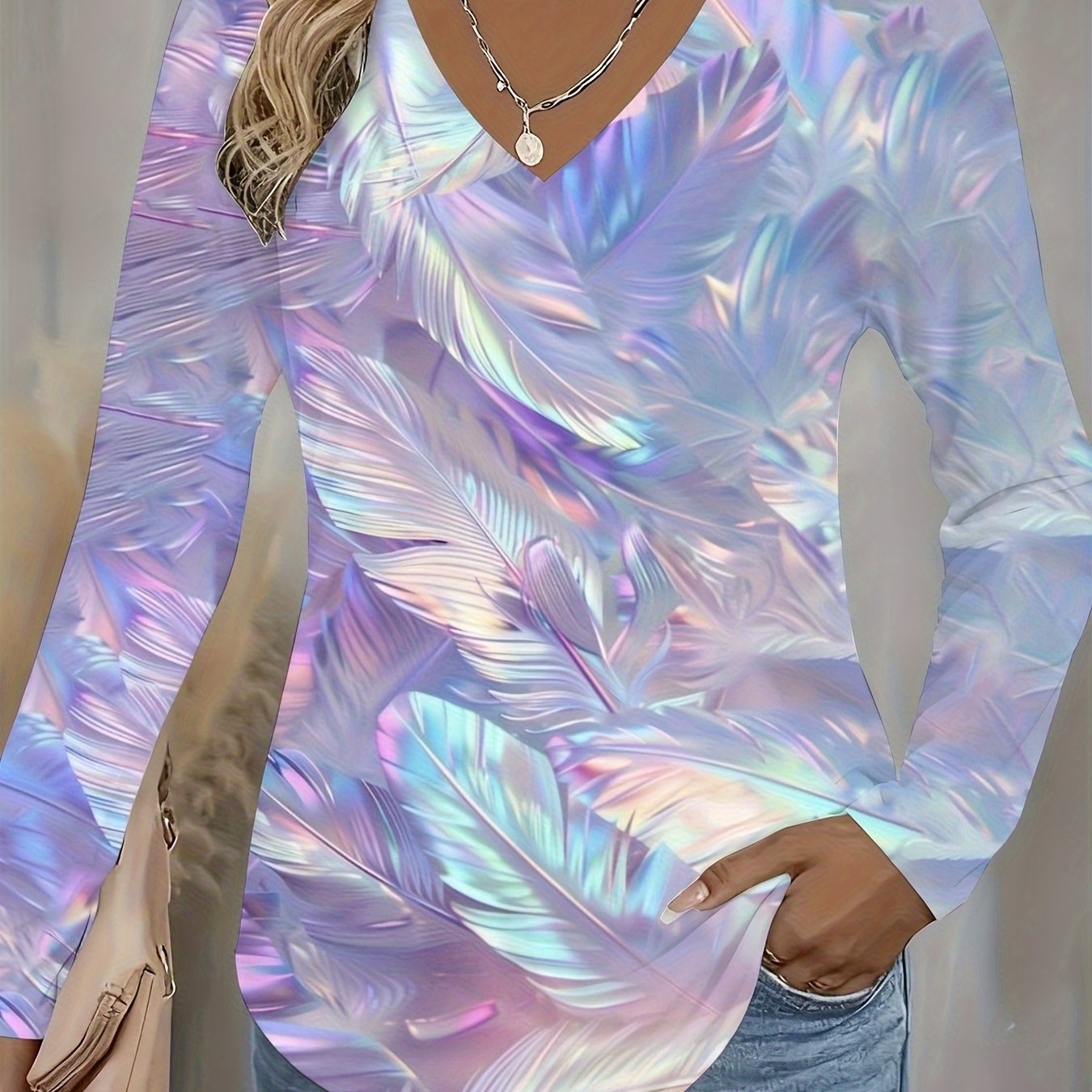 Ladies' Shimmering Iridescent V-Neck Long Sleeve Tee - Sparkling Multicolor Pastel Blouse in Pink, Purple, Blue, Green, And White, Suitable for All Seasons And Parties, Machine Washable - Similar to a Layered Top