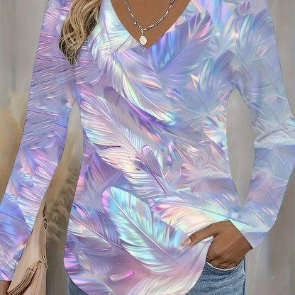 Ladies' Shimmering Iridescent V-Neck Long Sleeve Tee - Sparkling Multicolor Pastel Blouse in Pink, Purple, Blue, Green, And White, Suitable for All Seasons And Parties, Machine Washable - Similar to a Layered Top