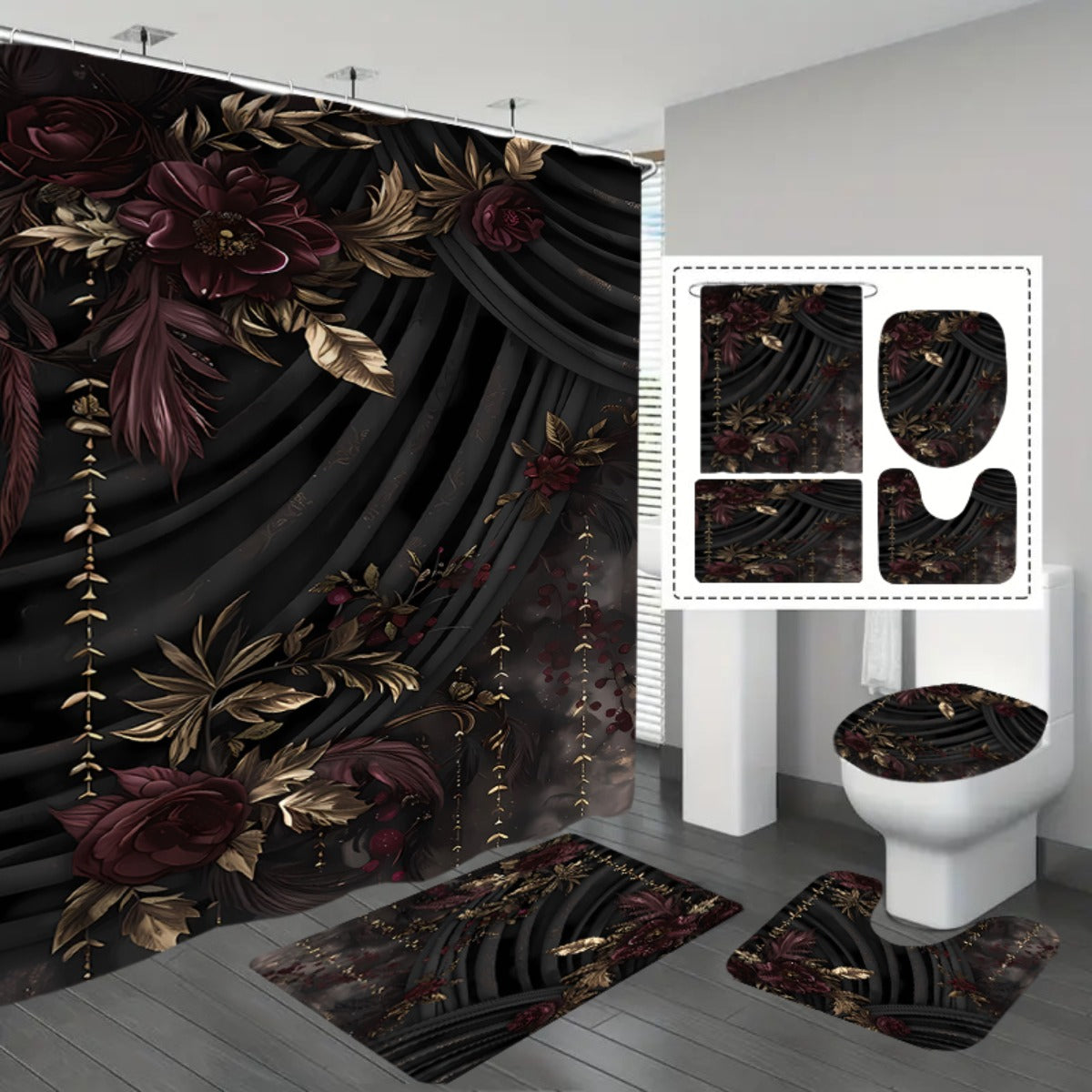 A Set of 1-4 Gold-Plated Rose Design Shower Curtains for The Bathroom, Complete with 12 Hooks, a Non-Slip Bath Mat, a U-Shaped Toilet Pad, a Toilet Seat Cover, And Decorative Items for The Bathroom, Ideal for Shower Curtain S