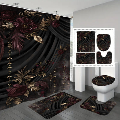 A Set of 1-4 Gold-Plated Rose Design Shower Curtains for The Bathroom, Complete with 12 Hooks, a Non-Slip Bath Mat, a U-Shaped Toilet Pad, a Toilet Seat Cover, And Decorative Items for The Bathroom, Ideal for Shower Curtain S