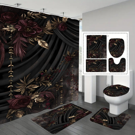 A Set of 1-4 Gold-Plated Rose Design Shower Curtains for The Bathroom, Complete with 12 Hooks, a Non-Slip Bath Mat, a U-Shaped Toilet Pad, a Toilet Seat Cover, And Decorative Items for The Bathroom, Ideal for Shower Curtain S
