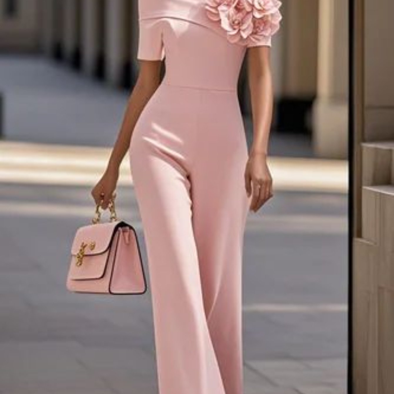 Off-shoulder 3D Floral Decor Waist-Defined Wide-Leg Jumpsuit for Women | Sweet and Elegant Fashionable Mature- Style, Suitable for Everyday Outings, Casual Dates & Dinners, and Social Occasions
