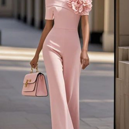 Off-shoulder 3D Floral Decor Waist-Defined Wide-Leg Jumpsuit for Women | Sweet and Elegant Fashionable Mature- Style, Suitable for Everyday Outings, Casual Dates & Dinners, and Social Occasions