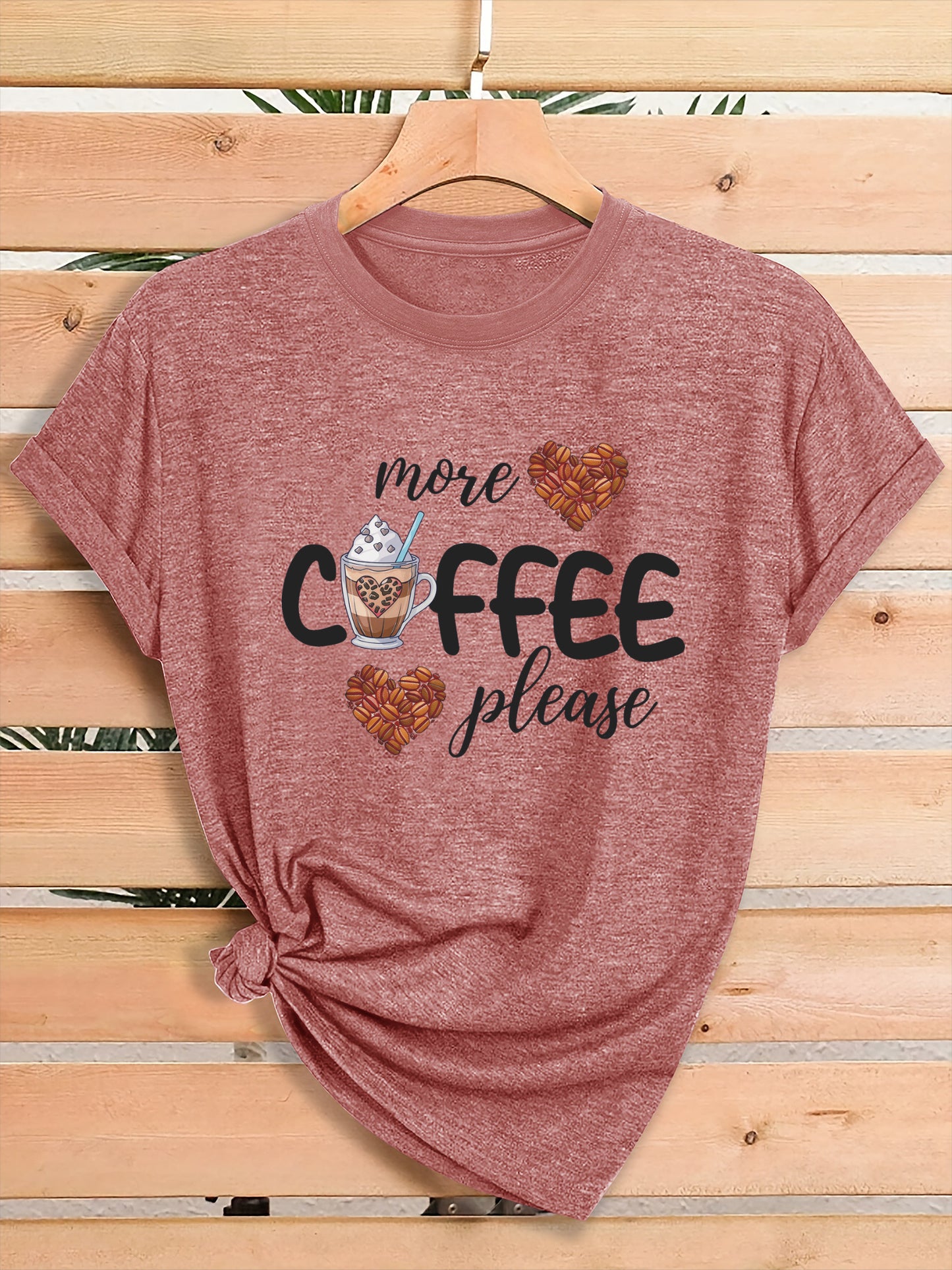 Women'S Coffee Lover Graphic T-Shirt - "More COFFEE Please" Print with Coffee Beans & Heart Eyes - Soft Stretch Round Neck Casual Streetwear Top for Gym, Casual Attire & Coffee Shop Outfits - All-Season Comfort Fit Tee, Coffe