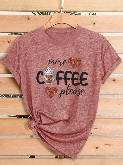 Women'S Coffee Lover Graphic T-Shirt - "More COFFEE Please" Print with Coffee Beans & Heart Eyes - Soft Stretch Round Neck Casual Streetwear Top for Gym, Casual Attire & Coffee Shop Outfits - All-Season Comfort Fit Tee, Coffe