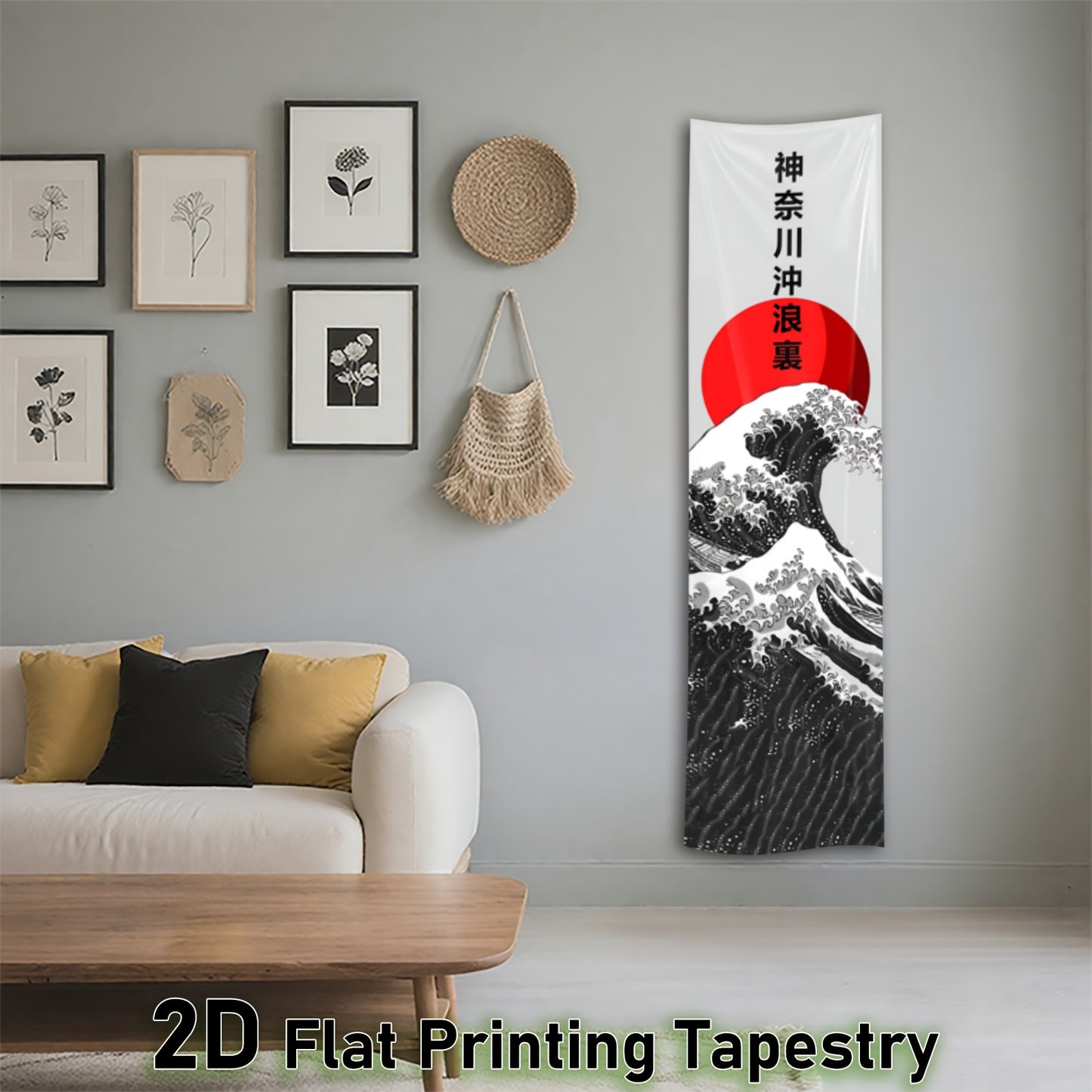 Extra Long Japanese Wall Hanging Tapestry - Great Wave off Kanagawa Ukiyo-e Art Poster, Large Vertical Floor Decor for Living Room, Bedroom, Dorm - Hokusai-Inspired Japanese Decor with Red Sun Symbol - Ideal Gift for Home Dec