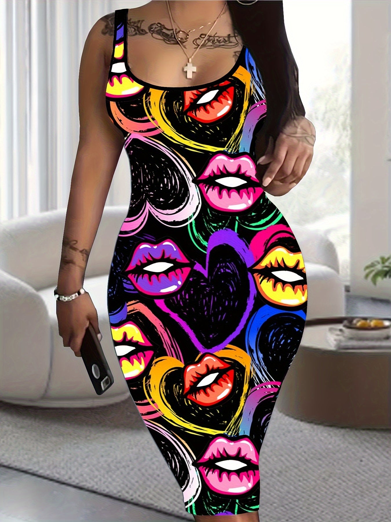 Suitable for Summer, Lip Heart Sweet Whisper: Graffiti Style Tight Dress, Charming Versatile Tight Dress, Machine Washable