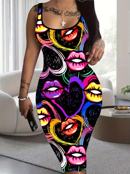 Suitable for Summer, Lip Heart Sweet Whisper: Graffiti Style Tight Dress, Charming Versatile Tight Dress, Machine Washable