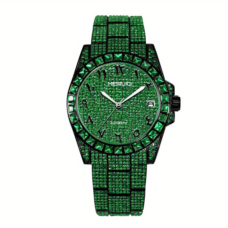 1pc Men's Luxury Green Tourbillon Mechanical Watch with Automatic Movement, 4-Hand Display (Hour/Minute/Second/Chronograph) - -Green Dial, Golden Hands & Black Bezel, Steel Band, Calendar, Mechanical Tourbillon Mechanism, No
