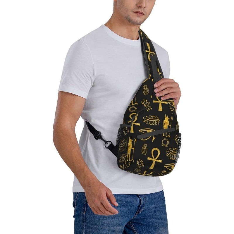 Men's Egyptian Hieroglyphic Print Crossbody Chest Bag - Golden & Black Ancient Egypt Design with Anubis & Scarab Beetle Symbols, Durable Zipper Closure, Casual Travel Backpack-like Waist Pack for Outdoor, Daily Use & Egypt-Th