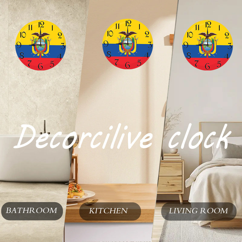 1pc Rustic Farmhouse Ecuador Flag Wooden Wall Clock, Silent Quartz Movement, Round Shape, AA Battery Operated (Not Included), Decorative Inspirational Timepiece for Kitchen, Bedroom, Living Room, Bathroom, Office - 2D Flat De