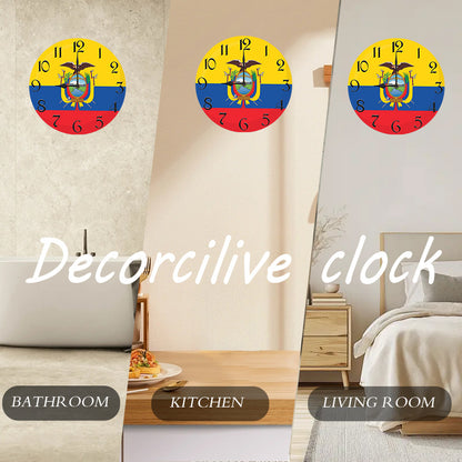1pc Rustic Farmhouse Ecuador Flag Wooden Wall Clock, Silent Quartz Movement, Round Shape, AA Battery Operated (Not Included), Decorative Inspirational Timepiece for Kitchen, Bedroom, Living Room, Bathroom, Office - 2D Flat De