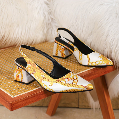Women's Luxury Golden Chain & Greek Key Print High-Heeled Sandals - Thick Block Heels, Pointed Toe, Black & Golden s with T-Bar Strap & Buckle Closure, Comfortable Sole for Parties, Weddings, - Euro-American Style Elegant