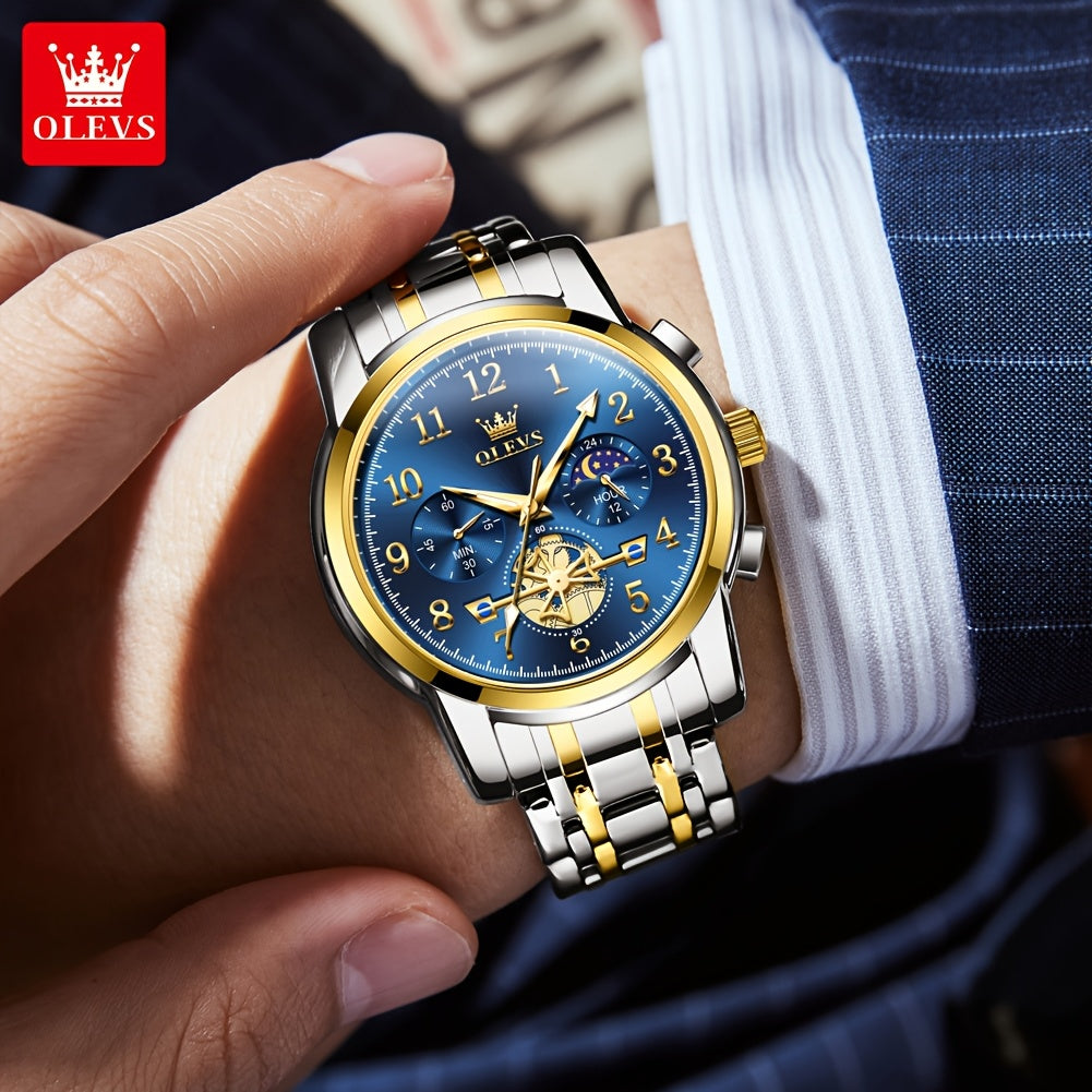 OLEVS Men's Luxury Multifunctional Quartz Watch - Stainless Steel Luminous Analog Watch with Moon Phase, Chronograph, Date/Day/24H Indicator, Golden-Tone & Bracelet for Business, Casual, Casual Attire - Dress Watch
