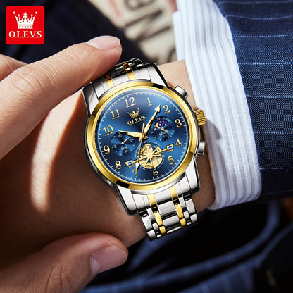 OLEVS Men's Luxury Multifunctional Quartz Watch - Stainless Steel Luminous Analog Watch with Moon Phase, Chronograph, Date/Day/24H Indicator, Golden-Tone & Bracelet for Business, Casual, Casual Attire - Dress Watch