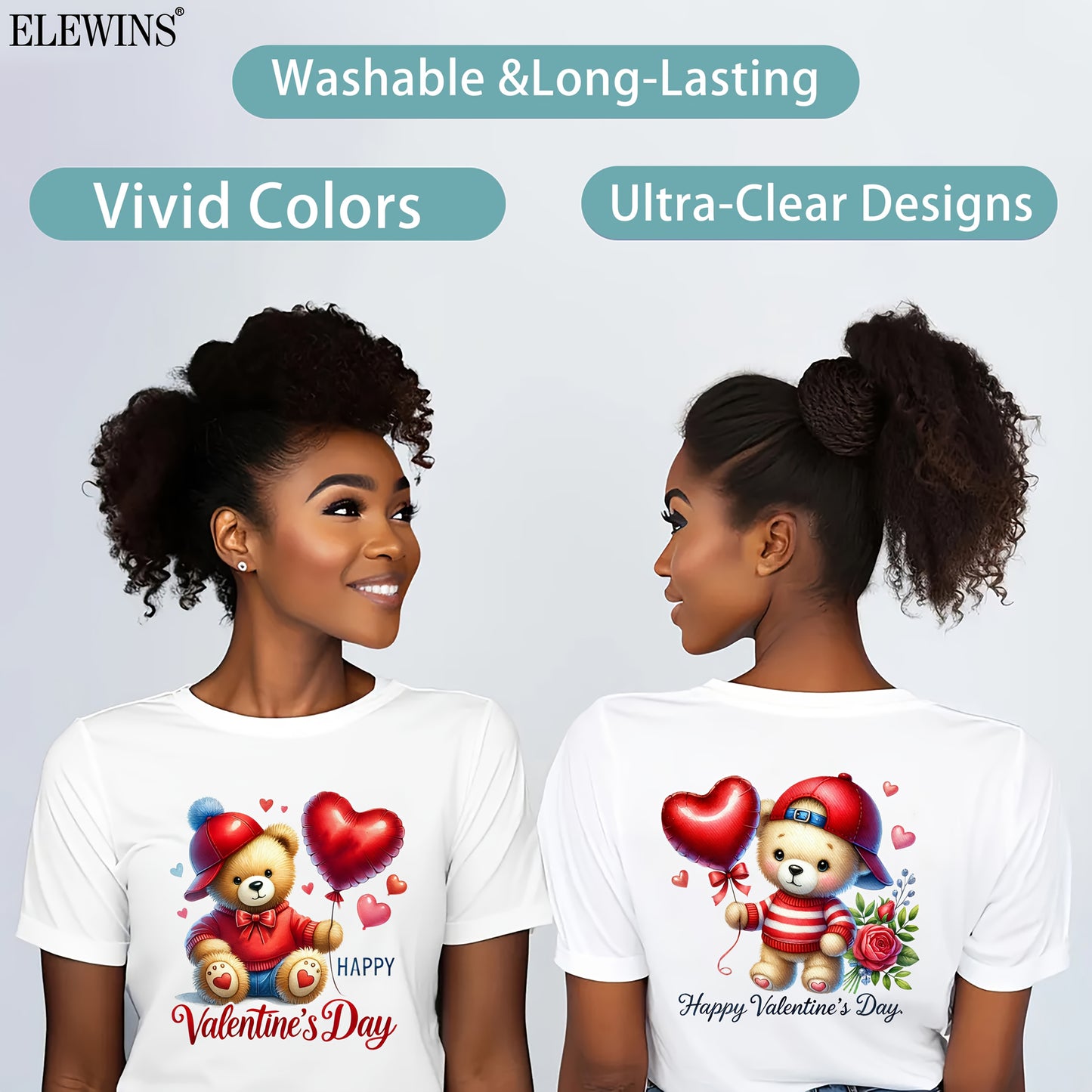 Set of 6 ELEWINS Valentine'S Day Bear-Themed DTF Iron-On Transfers - Vinyl Heat Transfer Sheets Featuring an Adorable Bear And Heart Designs, Suitable for Machine Washing. Ideal for T-Shirts, Hoodies, Jeans, Backpacks, And Pi