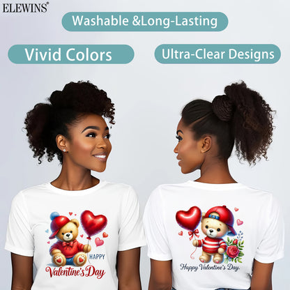 Set of 6 ELEWINS Valentine'S Day Bear-Themed DTF Iron-On Transfers - Vinyl Heat Transfer Sheets Featuring an Adorable Bear And Heart Designs, Suitable for Machine Washing. Ideal for T-Shirts, Hoodies, Jeans, Backpacks, And Pi
