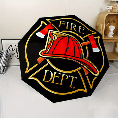 Automatic Opening/Closing Fire Dept Umbrella with Firefighter Badge Emblem (FD Badge) - 8-Rib Heavy-Duty Black & Firefighter Accessory, Portable All-Weather Umbrella for Emergency Services, & Fire Department Style