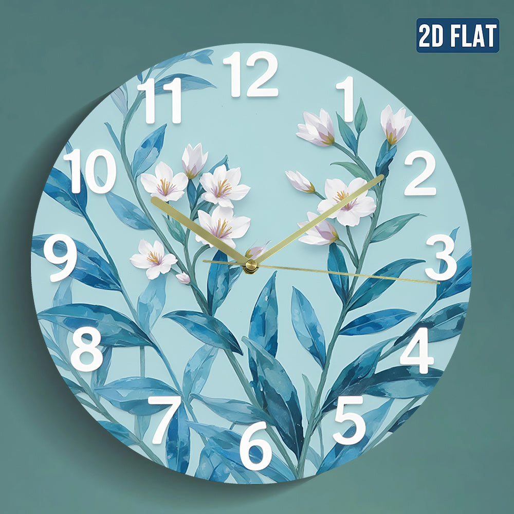Modern Large Face Wall Clock with Pastel Green-Blue Leaf & Golden Hands - Large Black Numerals, Round Silent Non-Ticking Battery-Powered (No AA Batteries Included) - Large White Face for Living Room, Bedroom,,, 2D Flat