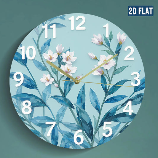 Modern Large Face Wall Clock with Pastel Green-Blue Leaf & Golden Hands - Large Black Numerals, Round Silent Non-Ticking Battery-Powered (No AA Batteries Included) - Large White Face for Living Room, Bedroom,,, 2D Flat