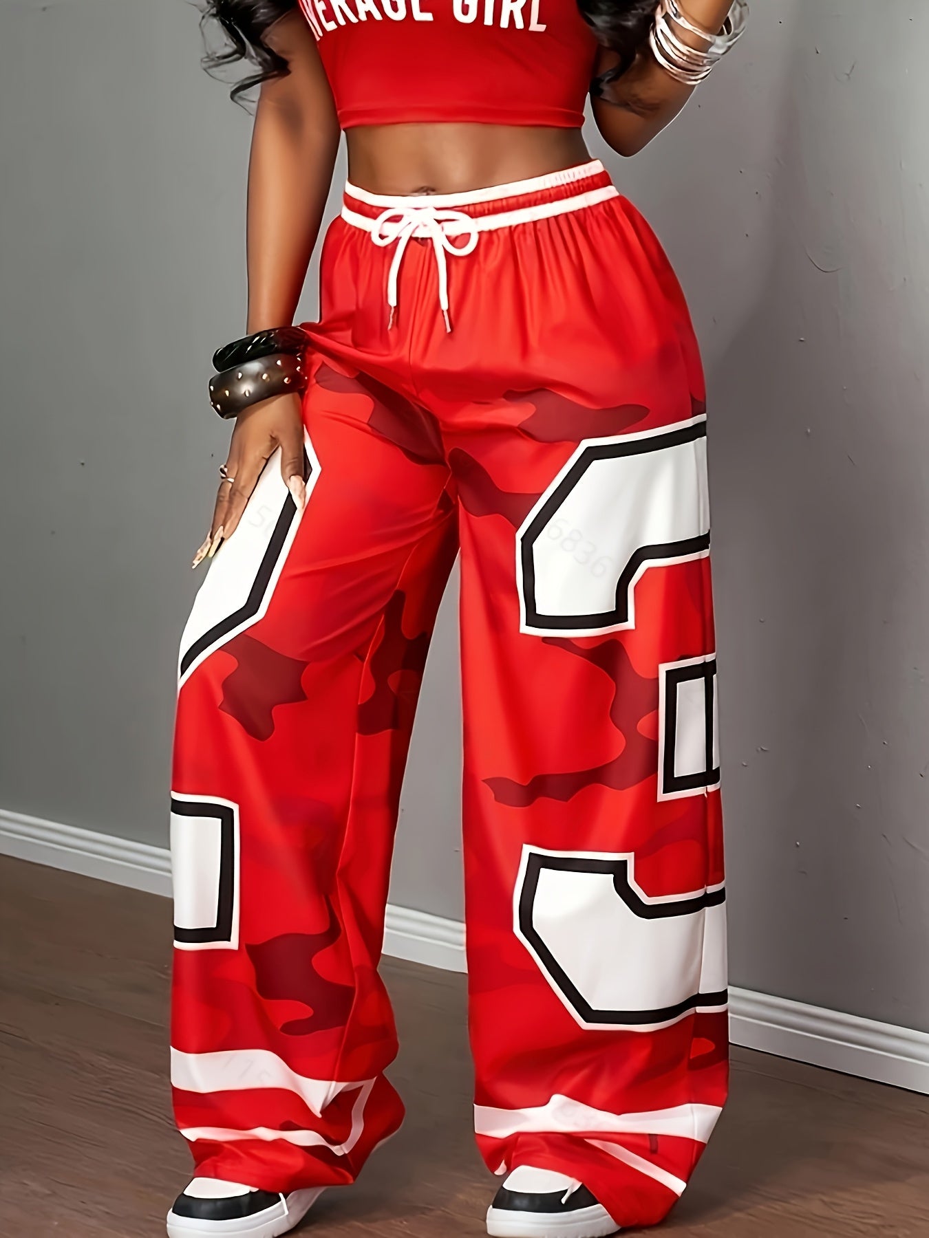 Women'S Red & White Geometric Letter Print Straight-Leg Pants with Elastic Drawstring Waistband - Casual Wide-Leg Trousers, Machine Washable All-Season Comfort, '25' Number Design & Pockets for Everyday & Special Occasions (S