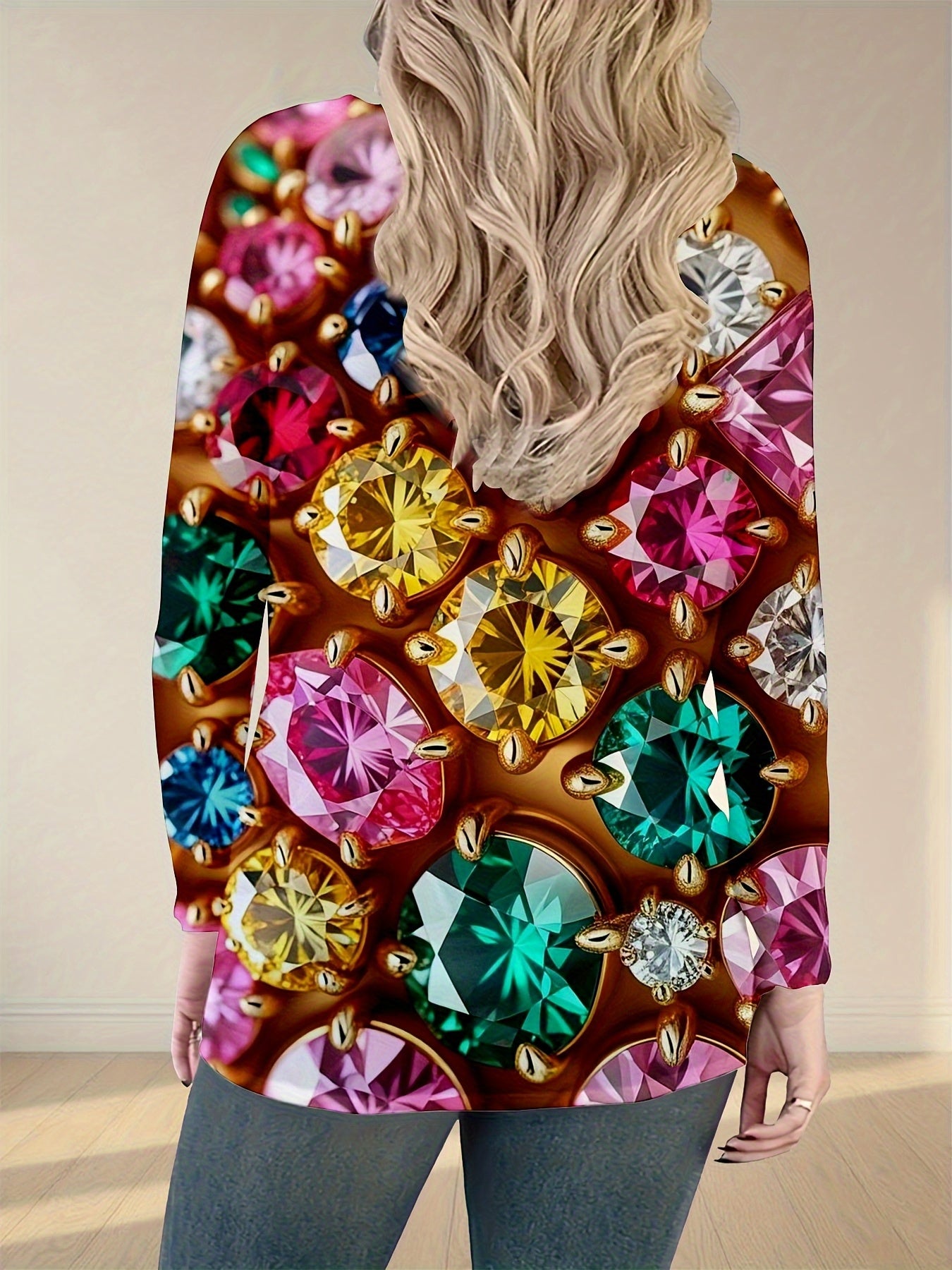 Plus Size Women's 3D Jewel-Encrusted V-Neck Long Sleeve Blouse - Sparkling All-Over Gem Print T-Shirt, Wedding Party Outfit, Year-Round Elegant Top, Machine Washable (No) - Special Event Dresses for Prom, Gala, Conference -