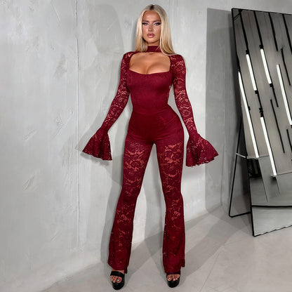 LUCKFOX Sexy Flared Sleeve Lace Jumpsuit Trousers | Fashionable Open Bust Design, Hooded Collar, Perfect for Spring/Summer/Fall