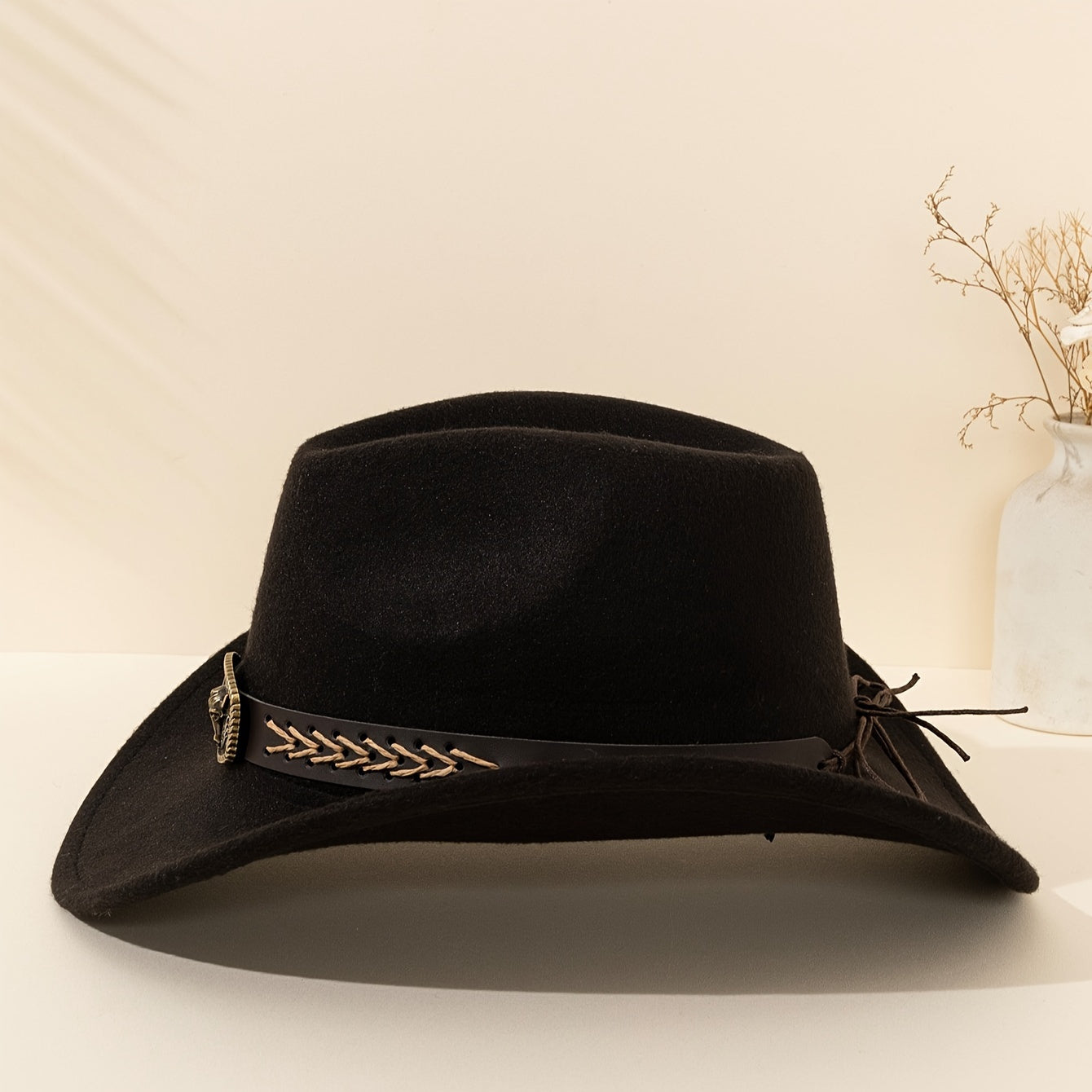 [Black Cowboy Hats] 2pcs Western Cowboy Hats - Black Fedora Cowboy Hats with Braided Band & Bull Head Design, Lightweight & Durable for Outdoor Travel, Christmas, and Casual Wear