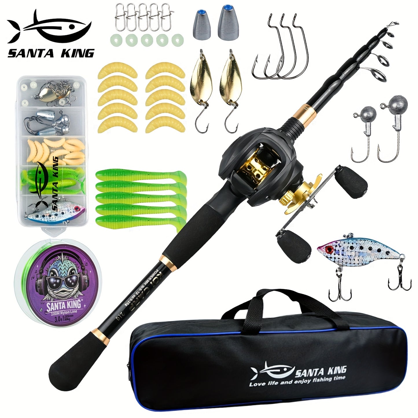 Portable Fishing Rod Kit- Casting Telescopic Fishing Rod, Metal Spool 7.2:1 Speed Ratio Baitcasting Reel, Fishing Tackle Bag, 3937.01inch Green Nylon Line, A Box Of Lure Hooks Accessories. Suitable for Outdoor Fishing Freshwa