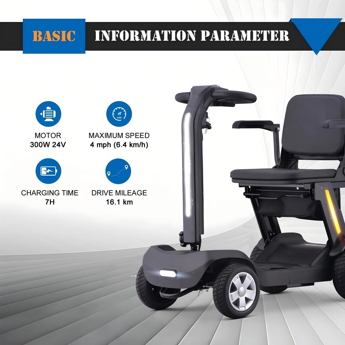 Foldable Mobility Scooter for Adults & Senior, 4 Wheels Powered Device for Travel, Lightweight and Portable, with LED Strip Light, Storage Bag, Charger Included, No Assemble Required