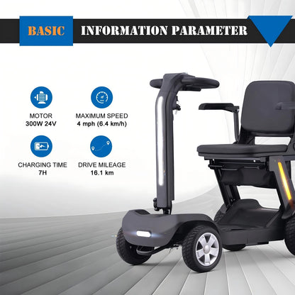 Foldable Mobility Scooter for Adults & Senior, 4 Wheels Powered Device for Travel, Lightweight and Portable, with LED Strip Light, Storage Bag, Charger Included, No Assemble Required