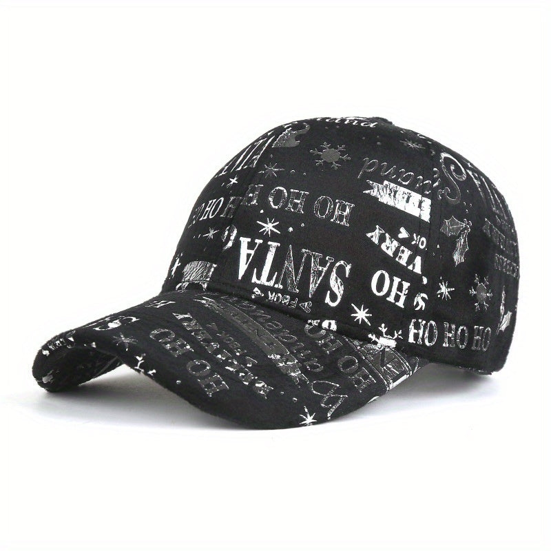 1pc Christmas Reflective Baseball Cap Adjustable Lightweight Polyester Vintage Distressed Six-Panel Street Style Cap with Random Print Patterns (Stars/Hearts/Music Notes) - Unisex Casual & Festive Holiday Accessory, Streetwea