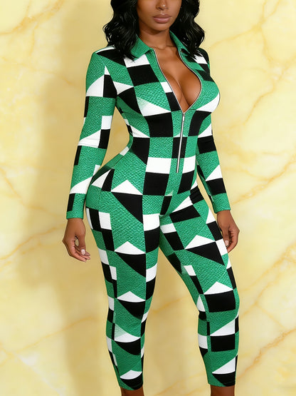 Ladies' Four-Season Long-Sleeved Sexy Jumpsuit | Front Zipper Design, Light Style, Fashionable Full-Print, Perfect for Daily Outings and Casual Wear - G077