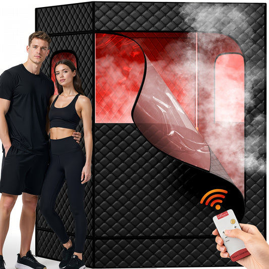 GUNJI for home Sauna for Two, Featuring Two 1000W Steam Generators, Two Foldable Chairs, Adjustable Temperature Settings (Ranging from 104°F to 140°F), And a Timer (15 to 60 Minutes). Dimensions Are 71 Inches by 49 Inches b