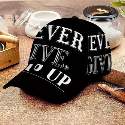 1pc 2D Never Give Up Words Print Baseball Cap - Full-Body Vibrant Polyester Hat, Adjustable Snapback for Running, Sports & Casual Streetwear., Running Hat, Outdoor Headwear, Trendy Streetwear, Lightweight Hat, Durable Fabric,