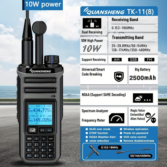 Quansheng UV-TK11 Dual Band Walkie Talkie - 10W High Power Two-Way Radio with NOAA Weather Alerts, 999 Channels, Type-C Charging & Battery, Global Intercom Compatible, Long Range Communication for Outdoor, Hiking, Emergency,