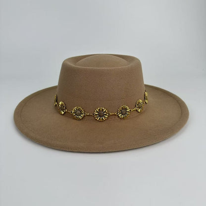 1pc Bohemian-style Unique and Fashionable Felt Hat - Decorated with Exquisite Golden Flower Chain Fedora Hat - Suitable for Daily Street Style, Music Festival Outfits, Bohemian-inspired Looks, Casual Outings and Trendy Season